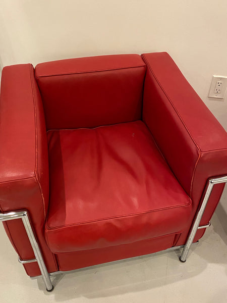 Pair of Chrome and Red Leather Club Chairs in the Style of Le Corbusier