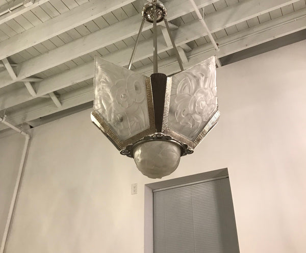 French Art Deco Floral Chandelier Signed by Degué