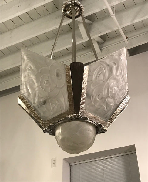 French Art Deco Floral Chandelier Signed by Degué