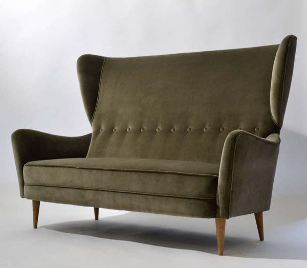 1950s Italian Paolo Buffa Two-Seat Wingback Sofa in Grey Velvet