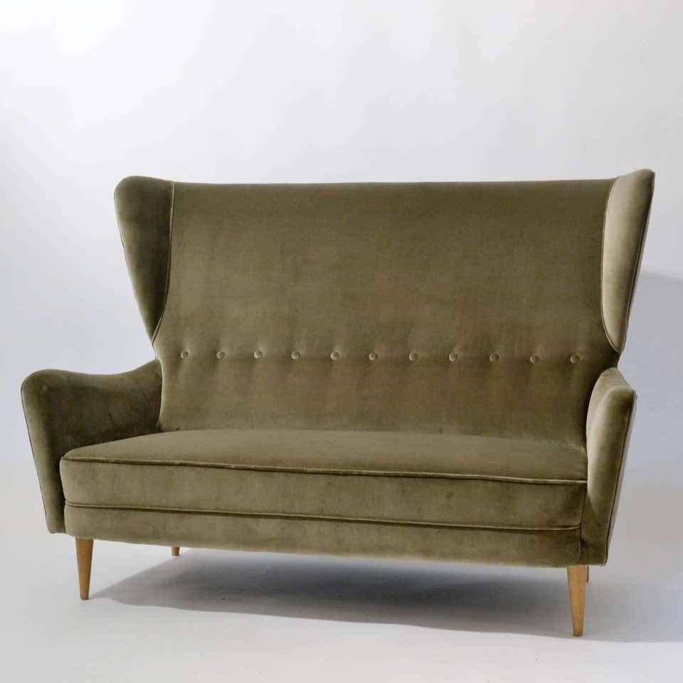 1950s Italian Paolo Buffa Two Seat Wingback Sofa in Grey Velvet