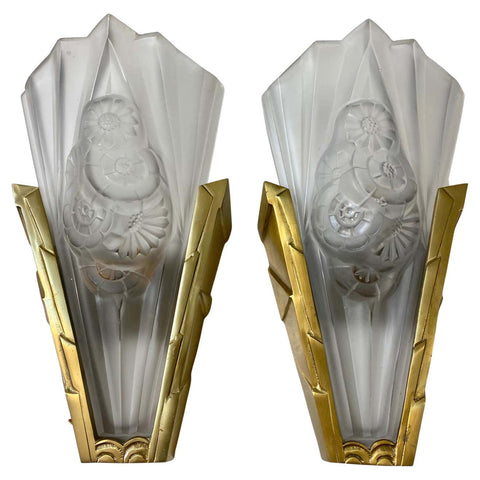 Pair of French Art Deco Wall Sconces Signed by Degue