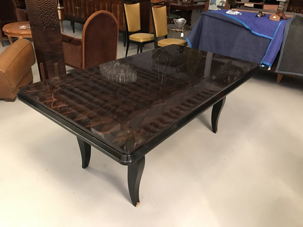 French Art Deco Dining Table With Brass Hardware and Spectacular Inlay