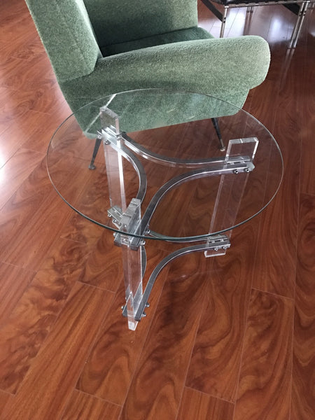 Pair of Mid Century Modern Lucite, Chrome, and Glass Side tables