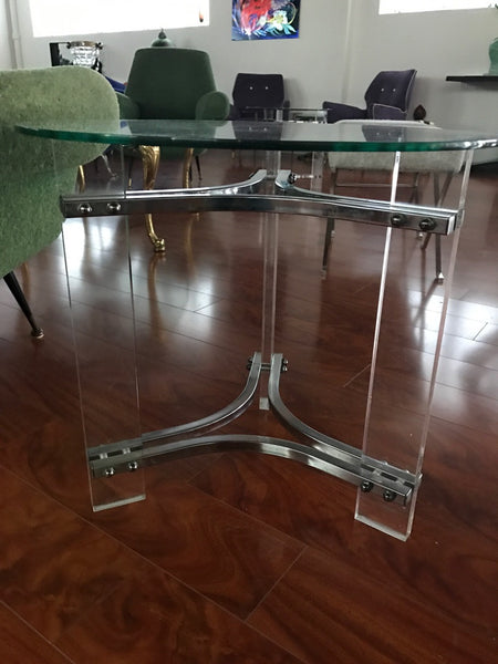 Pair of Mid Century Modern Lucite, Chrome, and Glass Side tables