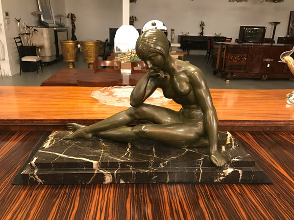 Signed French Art Deco Bronze sculpture of Nude Seated Female