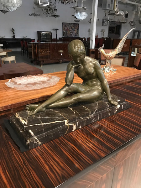 Signed French Art Deco Bronze sculpture of Nude Seated Female