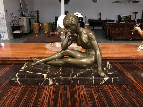 Signed French Art Deco Bronze sculpture of Nude Seated Female