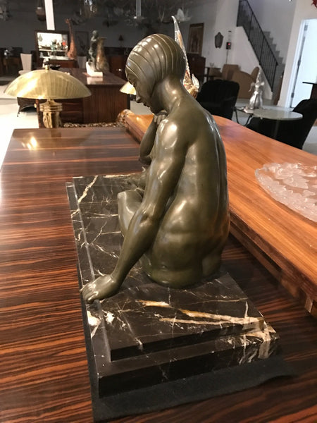 Signed French Art Deco Bronze sculpture of Nude Seated Female
