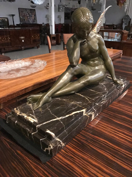 Signed French Art Deco Bronze sculpture of Nude Seated Female