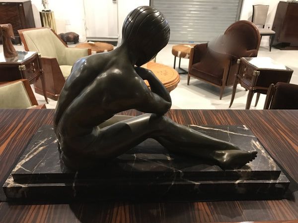 Signed French Art Deco Bronze sculpture of Nude Seated Female
