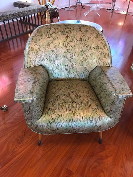 Pair of Italian Mid Century Modern Club Chairs With Faux Snake Skin