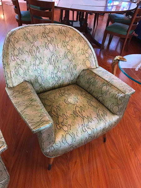 Pair of Italian Mid Century Modern Club Chairs With Faux Snake Skin