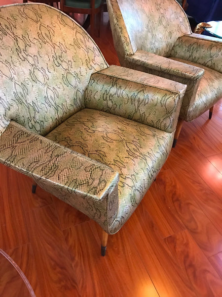 Pair of Italian Mid Century Modern Club Chairs With Faux Snake Skin