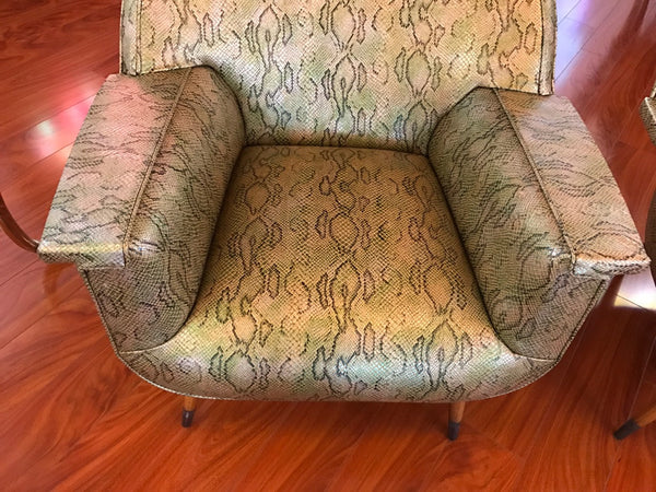Pair of Italian Mid Century Modern Club Chairs With Faux Snake Skin
