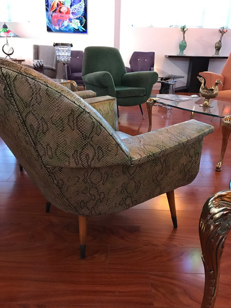 Pair of Italian Mid Century Modern Club Chairs With Faux Snake Skin