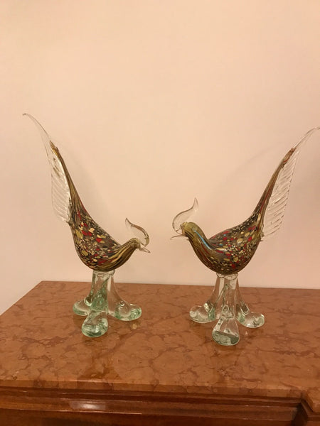 Pair of Italian Murano Hand Blown Glass Roosters