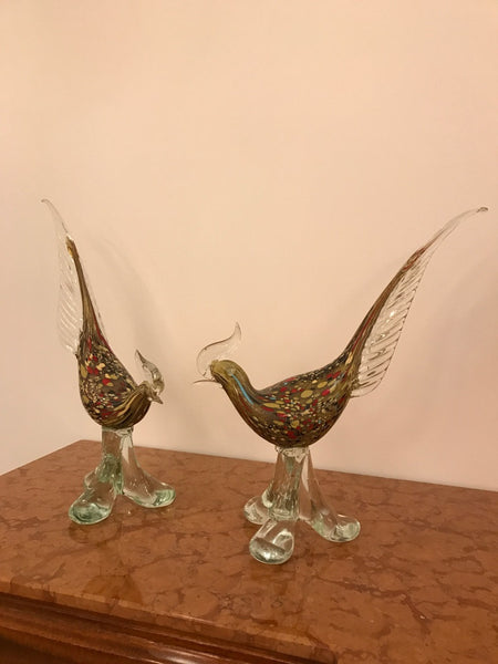 Pair of Italian Murano Hand Blown Glass Roosters