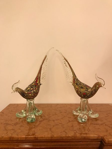Pair of Italian Murano Hand Blown Glass Roosters