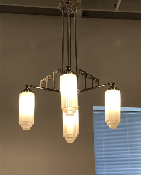 French Art Deco Chandelier with Skyscraper Motif