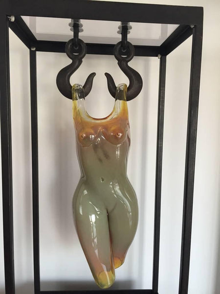 Grand Sculpted Blown Glass Female Figure in Steel Frame