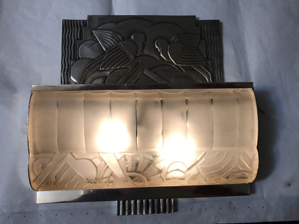 Pair of French Art Deco Sconces with Geometric Motif by Sabino