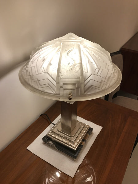 French Art Deco Geometric & Seahorse Table Lamp Signed by Muller Frères