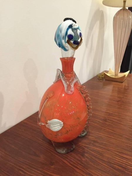 Italian Hand Blown “Murano” Glass Clown Decanter with Stopper