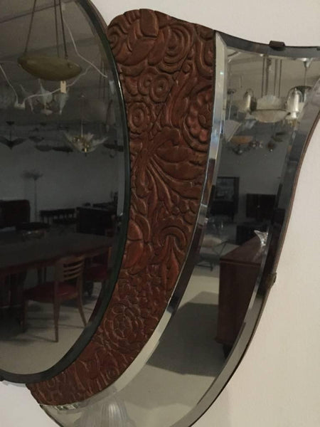 American Art Deco 1920s Mirror with Wood Floral Motif