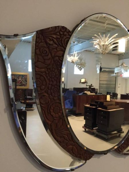 American Art Deco 1920s Mirror with Wood Floral Motif