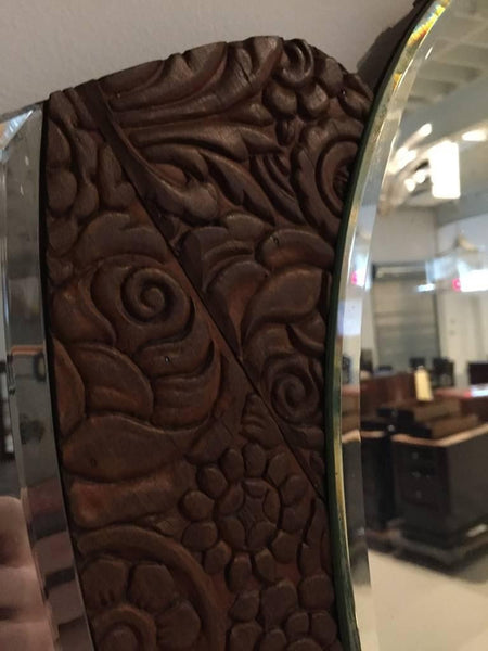 American Art Deco 1920s Mirror with Wood Floral Motif