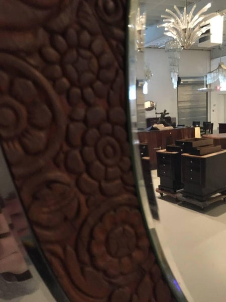 American Art Deco 1920s Mirror with Wood Floral Motif