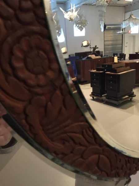 American Art Deco 1920s Mirror with Wood Floral Motif