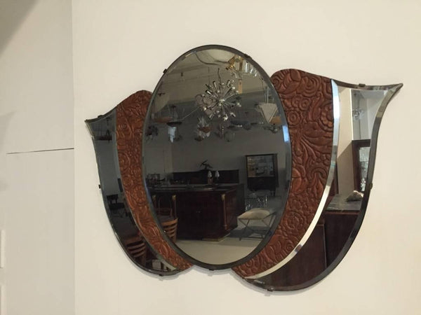 American Art Deco 1920s Mirror with Wood Floral Motif