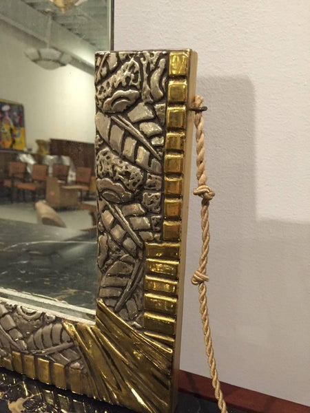 French Art Deco White and Yellow Gold Geometric Foliage Mirror