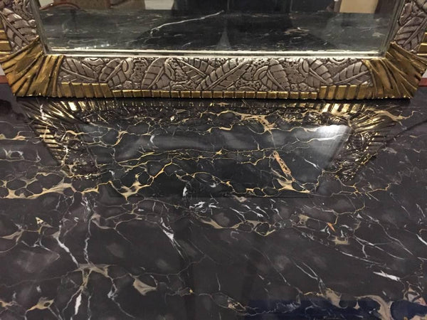 French Art Deco White and Yellow Gold Geometric Foliage Mirror