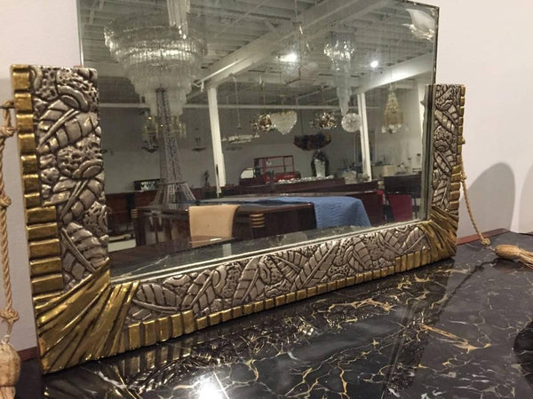 French Art Deco White and Yellow Gold Geometric Foliage Mirror