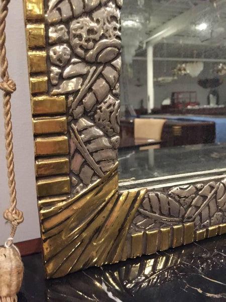 French Art Deco White and Yellow Gold Geometric Foliage Mirror