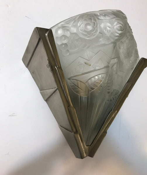 Pair of French Art Deco Wall Sconces Having Geometric Motif