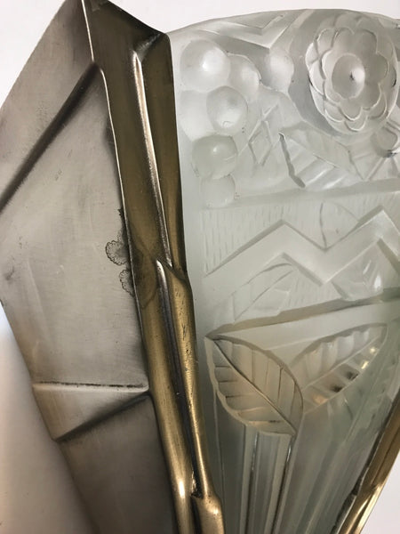 Pair of French Art Deco Wall Sconces Having Geometric Motif