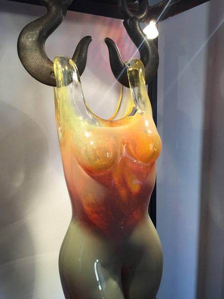 Grand Sculpted Blown Glass Female Figure in Steel Frame
