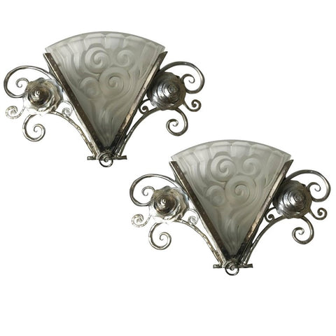 Pair of French Art Deco Wall Sconces by Degue