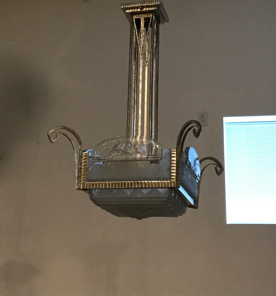 French Art Deco Geometric Chandelier Signed by Muller Freres Luneville