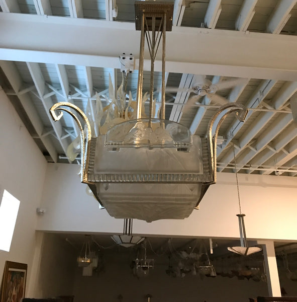 French Art Deco Geometric Chandelier Signed by Muller Freres Luneville