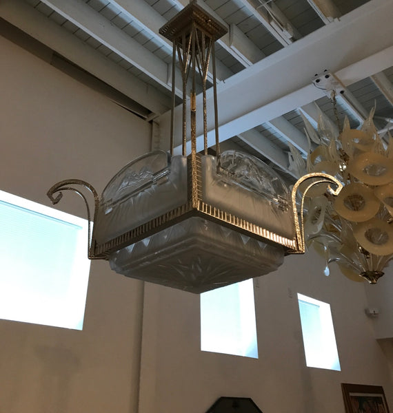 French Art Deco Geometric Chandelier Signed by Muller Freres Luneville