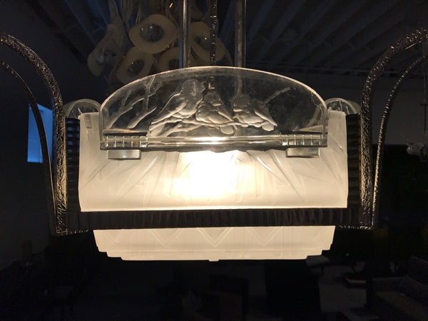 French Art Deco Geometric Chandelier Signed by Muller Freres Luneville