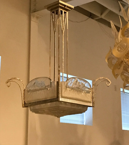 French Art Deco Geometric Chandelier Signed by Muller Freres Luneville