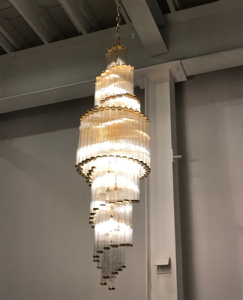 Italian Mid-Century Modern Double Waterfall Spiral Glass Chandelier