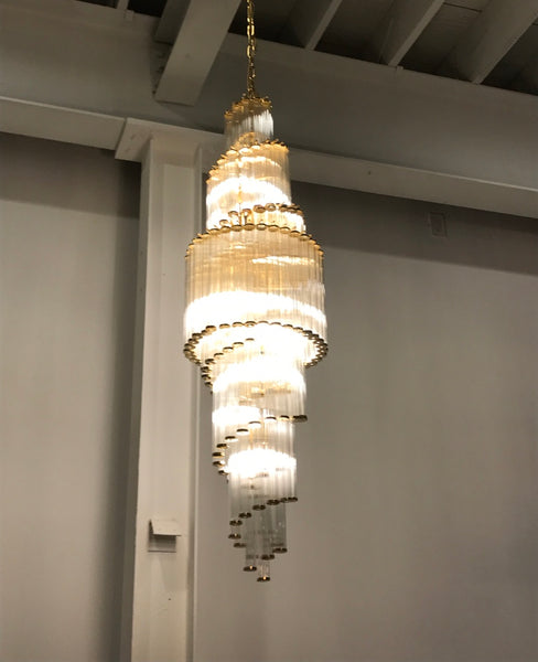 Italian Mid-Century Modern Double Waterfall Spiral Glass Chandelier