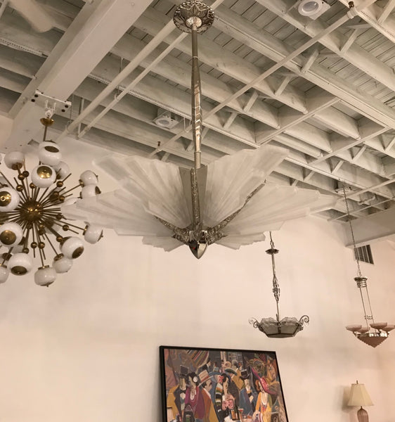 Grand French Art Deco Six-Panel Starburst Chandelier by Sabino